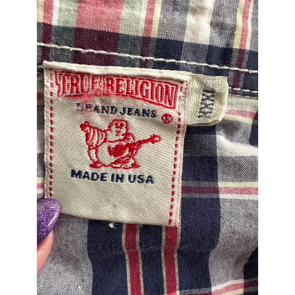 True Religion Western Shirt Mens XXXL Blue Red Plaid Pearl Snap Stitch
